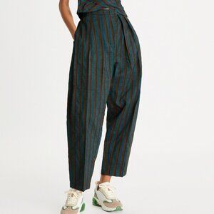 NWOT Tory Burch Runway Stripe Canvas Linen Blend Pants Runway Teal Barrel Fit